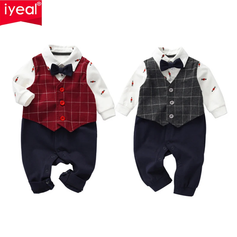 IYEAL Gentleman Baby Boys Clothes Children Newborn Bowtie Fake Two Pieces Romper Overalls Toddler Boy Party Wedding Suits 0-18M | - Фото №1