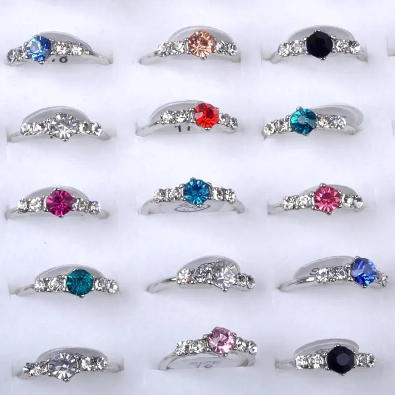 50pcs/lot Mixed Crystal Silver Plated Rings for Women Multicolor Rhinestone Wedding Female Jewelry Brand Design Rings