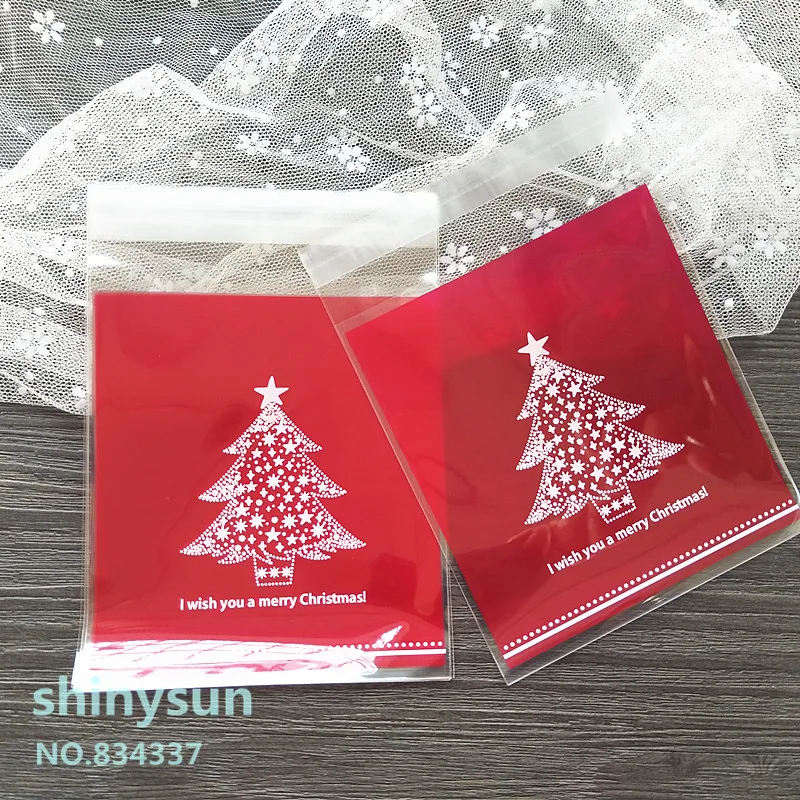 100pcs/lot Red Christmas tree packaging bag gift bag self adhesive plastic bag candy bag 10x11cm