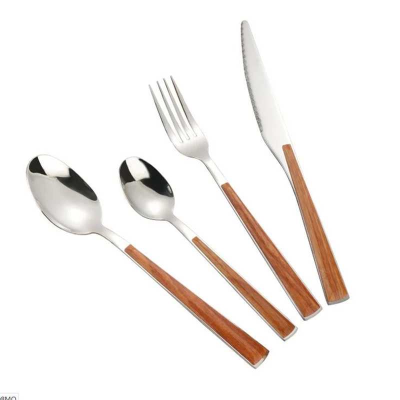

24pcs KuBac Hommi Quality 18/10 Stainless Steel Dinnerware Set Brown Imitation Wood Handle Cutlery Set Drop Shipping