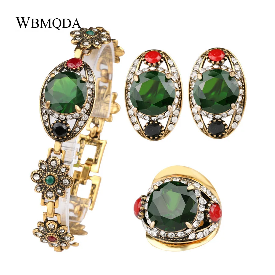 

3 Pcs/lot High Quality 2018 Fashion Gold Color Bridesmaid Party Green Jewelry Sets Earrings Bracelet Rings For Women