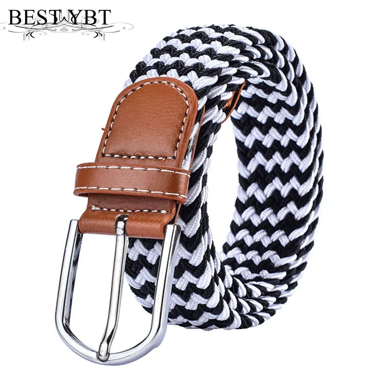 Best YBT Unisex belt fashion weaving stripe canvas Alloy pin buckle Men belt causla simple elastic force belt Men and Women