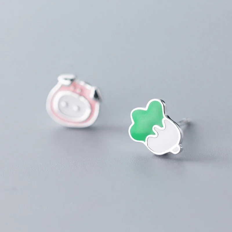 Asymmetric Animal Pig Head Cabbage 925 Sterling Silver Studs Earrings | Украшения и аксессуары