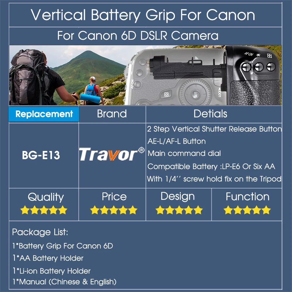 Travor Вертикальная Батарейная ручка держатель для Canon 6D DSLR камера Замена BG-E13 работать с LP-E6 батарея