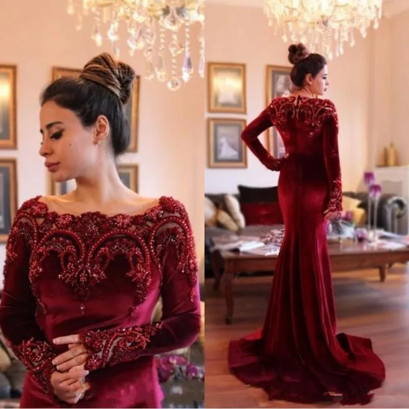 

Вечерние платья в мусульманском стиле бордового цвета с длинным рукавом, кружевное бархатное платье с жемчужинами, длинное официальное веч...