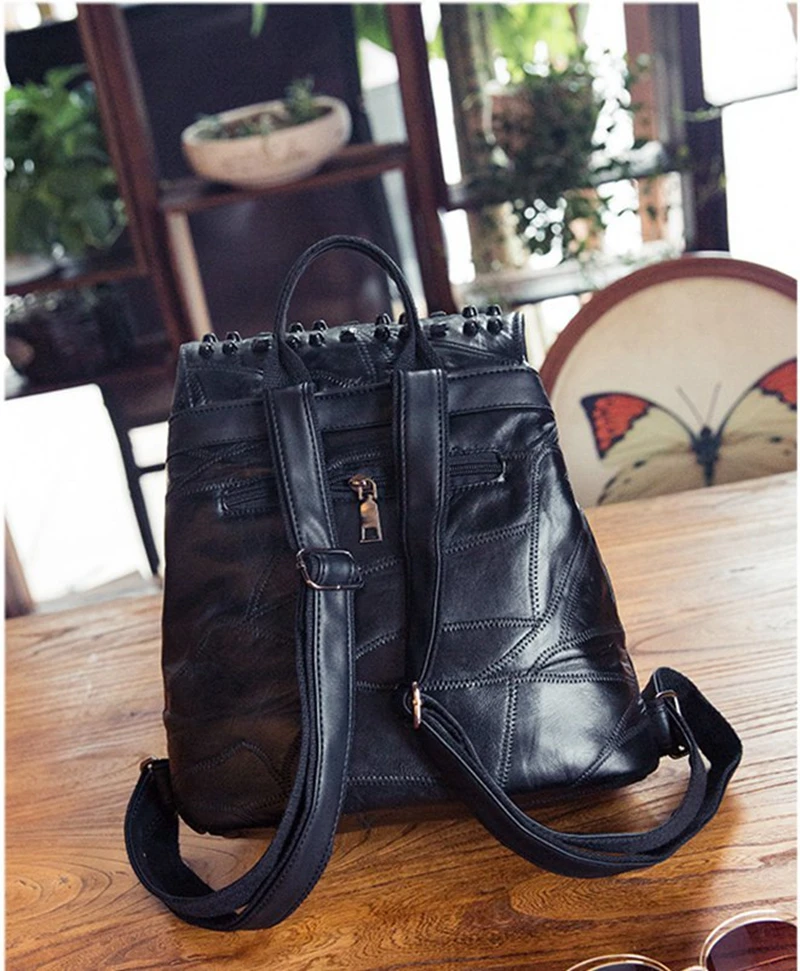 CAJIFUCO/повседневный рюкзак из натуральной кожи с черными заклепками овечьей