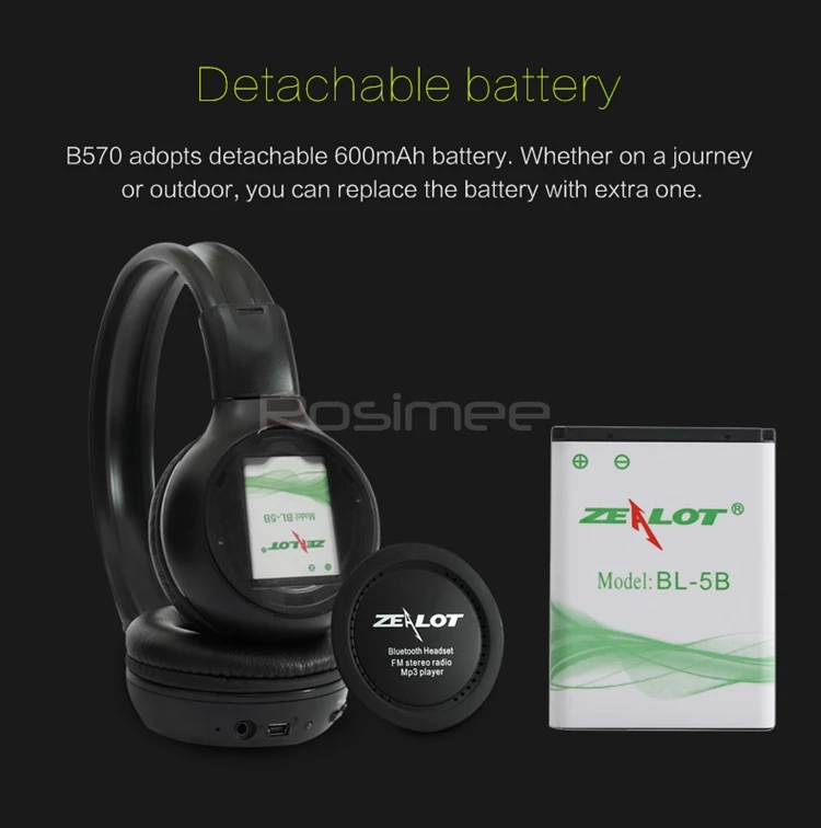 ZEALOT B570, Bluetooth гарнитура с глубоким басом, FM радио, Hi-Fi, шумоподавление, беспроводные стерео музыкальные наушники с микрофоном, светодиодный экран