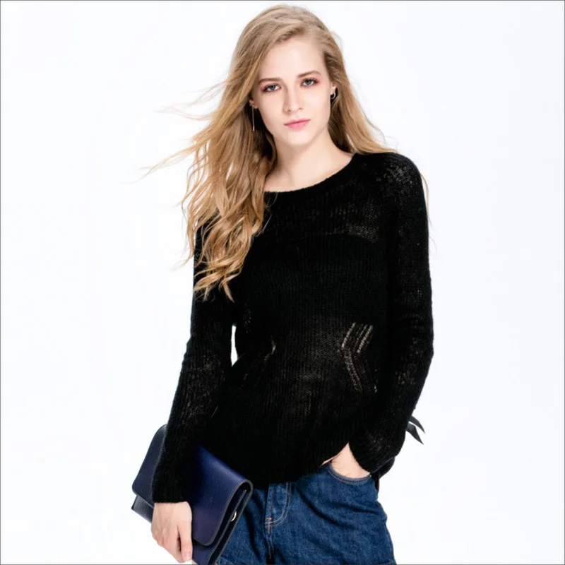 Women See Through Sweater Pullovers Wool Blends Eyelet Bow Knitted Tops Jumper Sheer Sexy Style Solid Color | Женская одежда