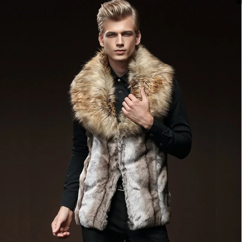 

S-5XL!!! large size Winter men's fur coat trim waistcoat rex rabbit fur raccoon fur collar thickening men's wear