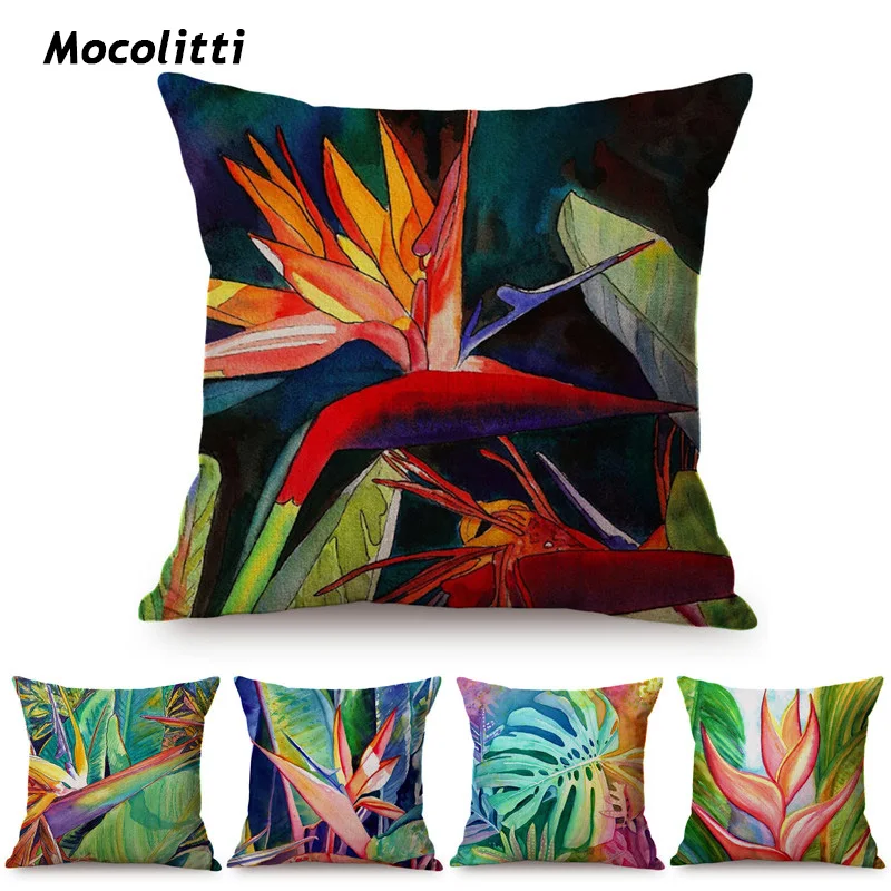 Southeast Asia Multicolor Tropical Plant Printing Cushion Cover Palm Leaf Green Leaves Monstera Painting Decorative Pillow Cover