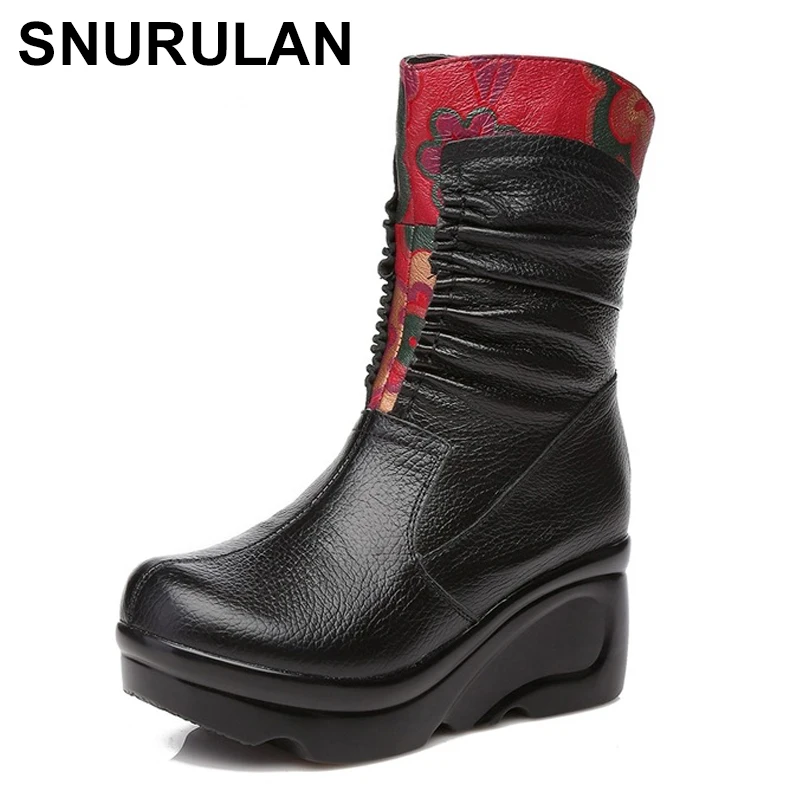 

SNURULAN New Arrival Fashion Women Winter Genuine Leather Boots Handmade Vintage Slip-resistant Martin Boots Wedges Shoes Woman