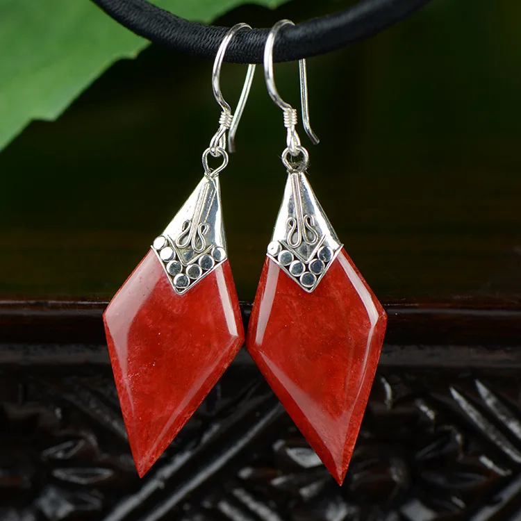 

2018 New Real 925 Silver Inlaid Coral Earrings For Women National Retro Wind Geometric Design Handmade Fine Jewelry Wholesale