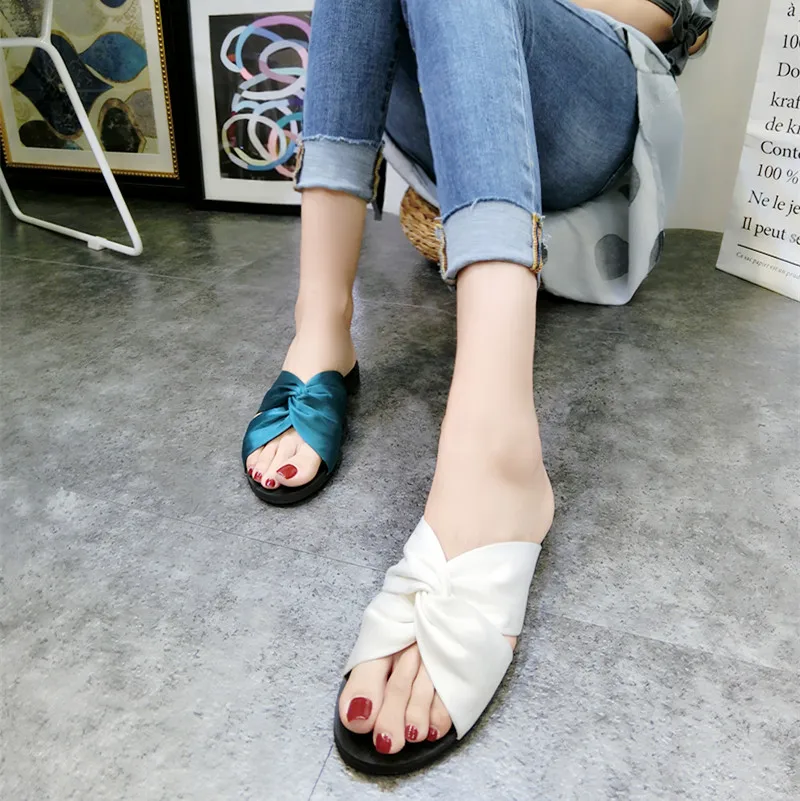 big bow-knot silk slippers women riband cross band flat sandals candy color beach shoes brand designer espadrilles y694 | Обувь