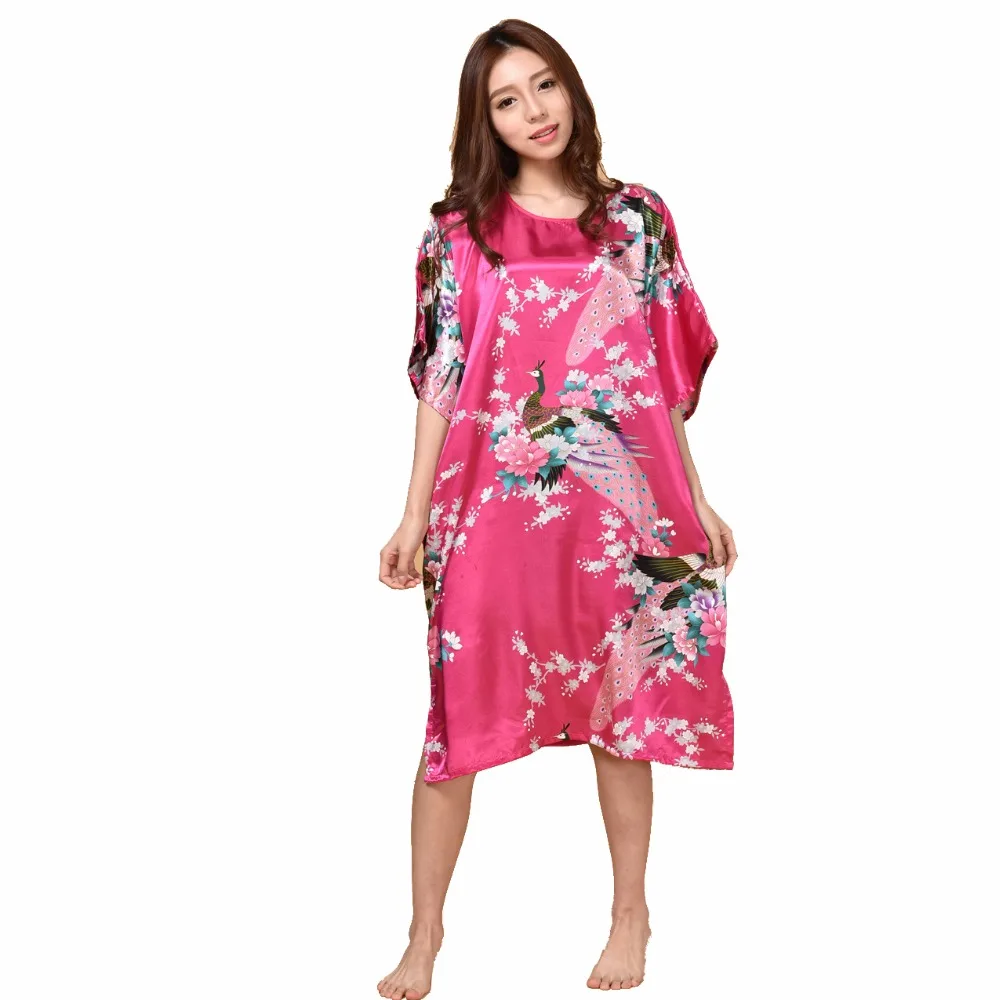 

Summer Hot Pink Sexy Silk Rayon Home Dress Women Summer Nightdress Sleepshirt Robe Gown Kimono Bathrobe Fit Size 6XL D126-01