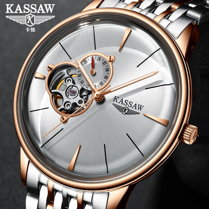 Роскошные мужские модные автоматические механические часы от бренда KASSAW, полые изогнутые пояса, маховик, водонепроницаемые мужские часы