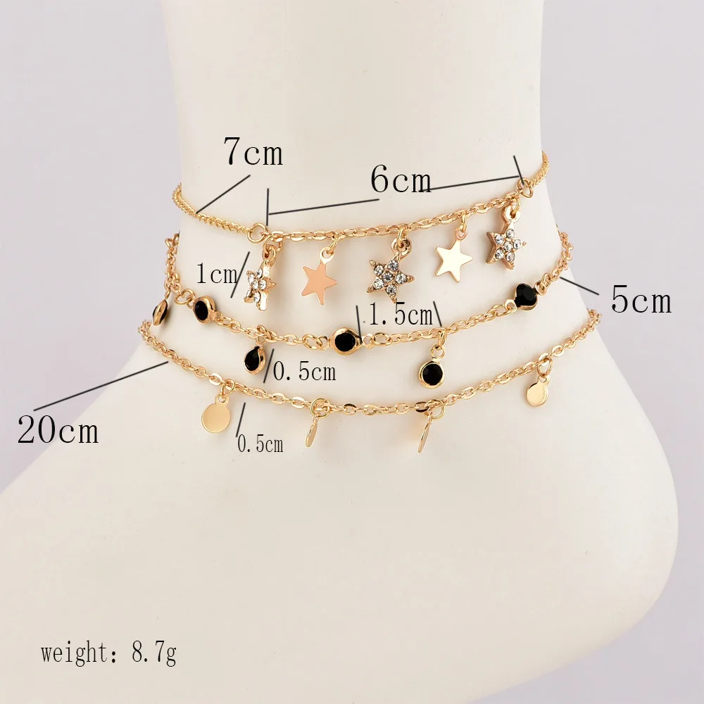 3 Pcs/set Women Fashion Crystal Star Pendant Black Gems Gold Chain Anklet Set Bohemian Charm Beach Accessories Christmas Gift | Украшения и