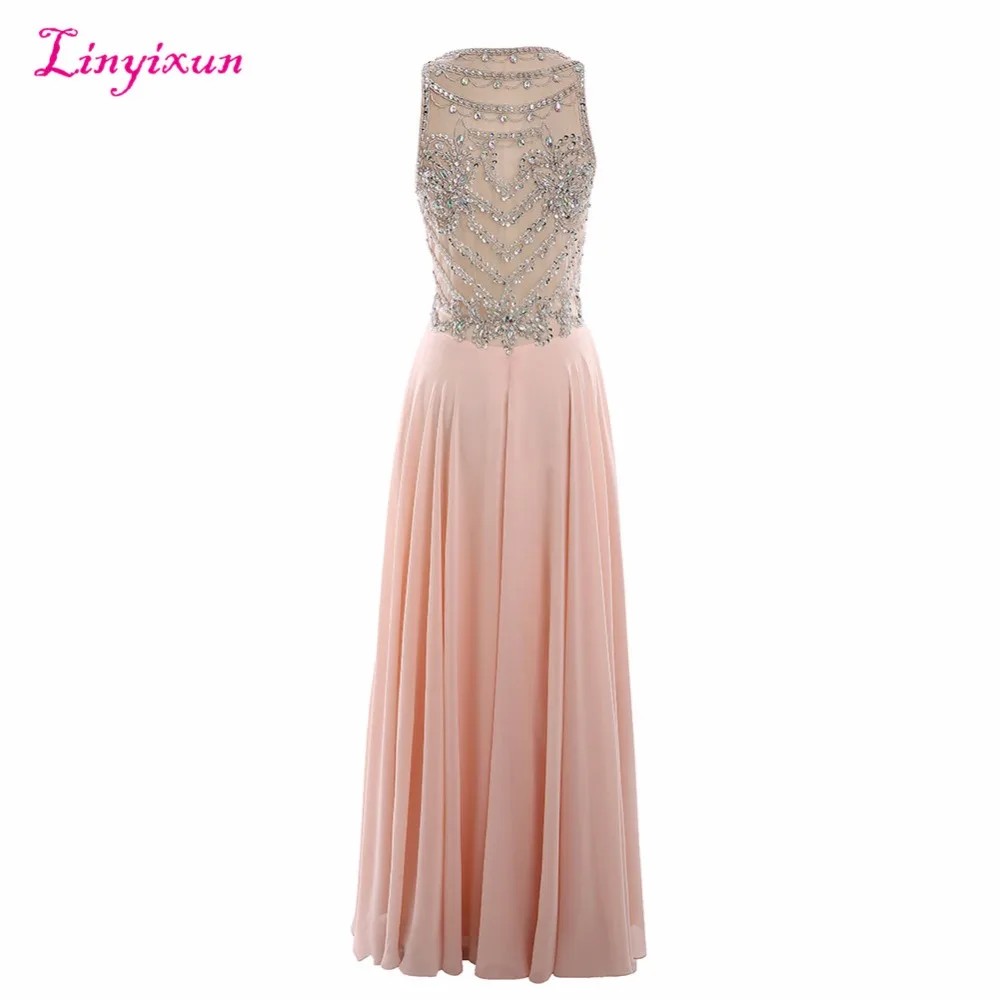 Розовое длинное платье Linyixun с блестками и бусинами на молнии|prom dresses 2017|prom dresseslong