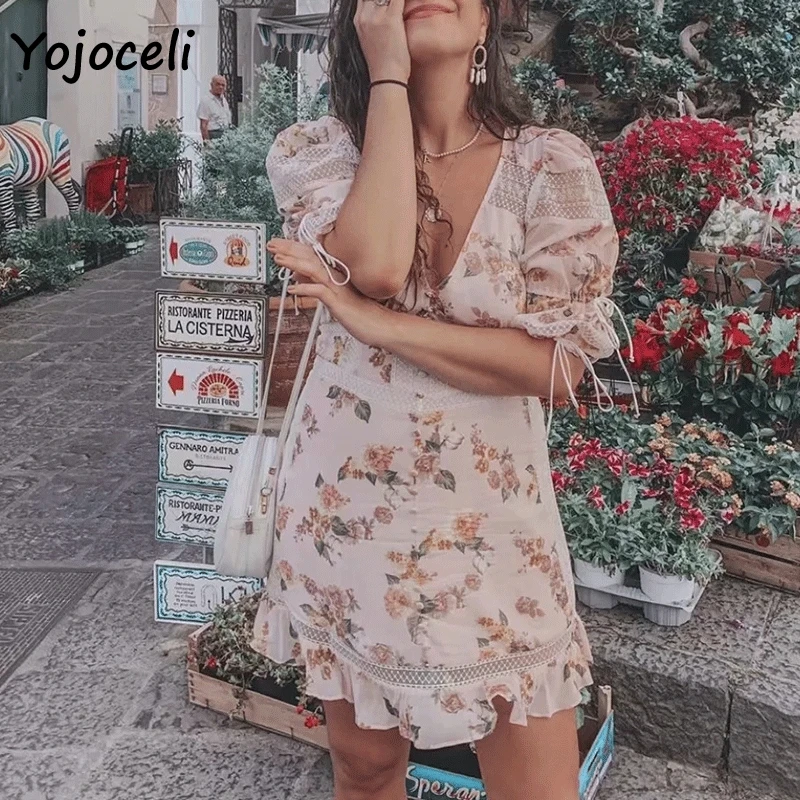 Yojoceli 2019 модное кружевное лоскутное платье с цветочным принтом женское v-образным