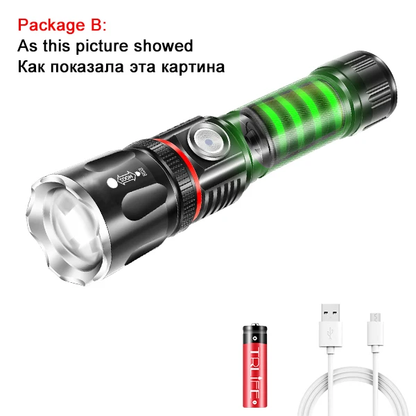 Package B Светодиодный фонарик с зарядкой от usb, самый мощный, окружающий COB светильник+ задний магнит, дизайн с поддержкой зума, 4 режима освещения, водонепроницаемый фонарь - Испускаемый цвет: Package B