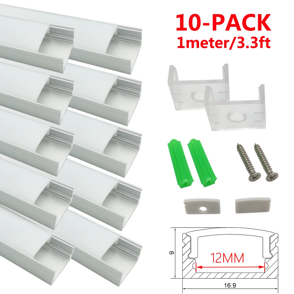 Алюминиевый светодиодный канал для светодиодной ленты UnvarySam 10-Pack 3.3ft/1 м 9x17 мм Серебристый u-образный внутренний Ширина 12 мм светодиодный алюминиевый профиль