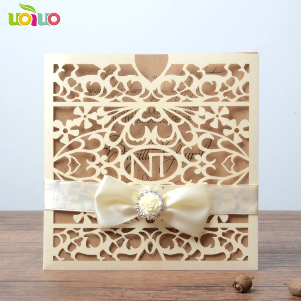 

50pcs champagne gold pearl paper pocket invitation card design with name initial