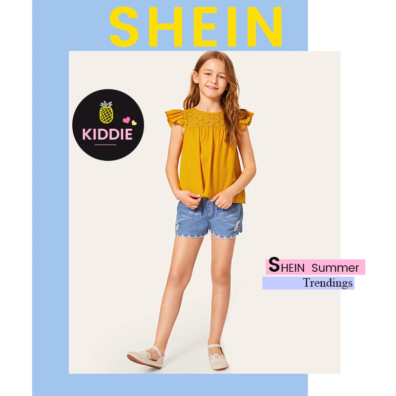 SHEIN/Милая однотонная блузка с кружевными вставками и рюшами на пройме для подростков; коллекция года; сезон лето; детская блузка на пуговицах с рукавом-бабочкой