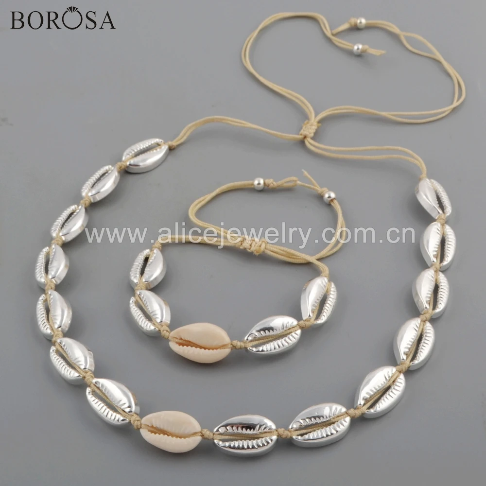 BOROSA 5Sets New Silver Color Cowrie Shell Adjustable Bracelet Necklace Seashell Ocean Beach Jewelry Sets for Women WX1096 | Украшения и