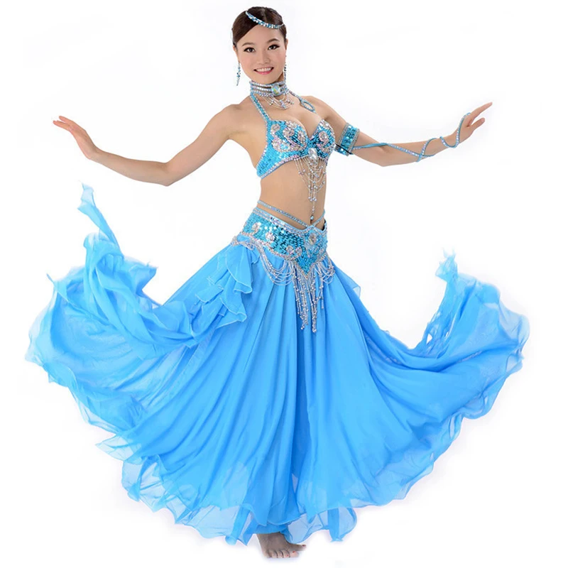 

Stage Performance Oriental Belly Dancing Clothes 3-piece Suit Bead Bra&Belt & Skirt Belly Dance Costume Set 32-34B/C 36B/C 38B/C