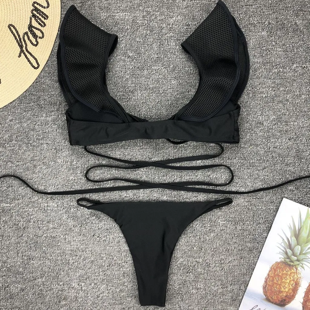 Женский сексуальный купальник чистый цвет черный v образный вырез низкая талия