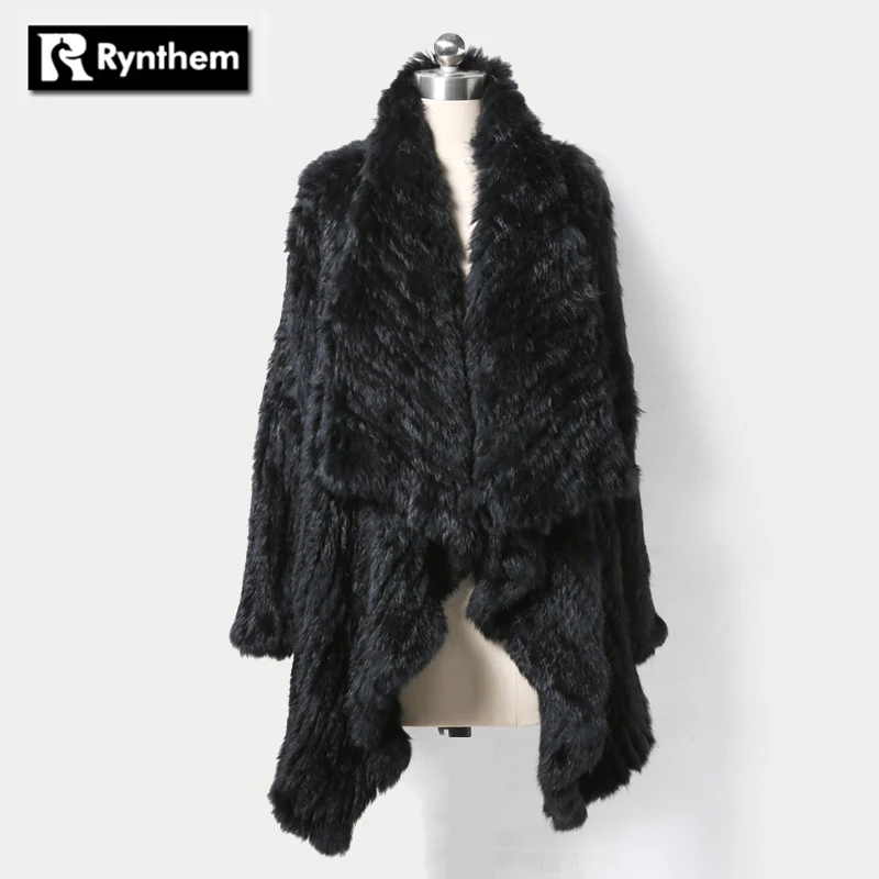 Rynthem Женщины Трикотажные Природный Мех Кролика Пончо Пальто Полный Открыть