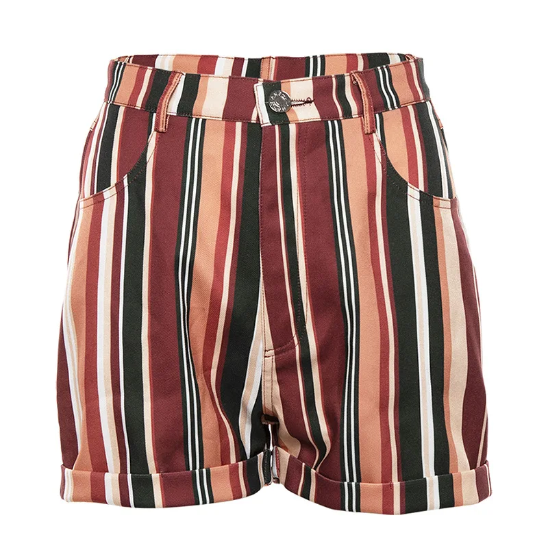 Brown Shorts Harajuku/радужные полосатые шорты для женщин; летняя уличная одежда; богемные шорты с высокой талией; Повседневная Верхняя одежда - Цвет: Brown Shorts