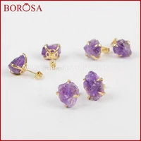 borosa gold color rough natural purple crystal druzy earrings claw setting crystal stone stud earrings women gems jewelry zg0134