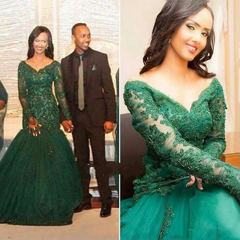 

Green Appliques Floor Length Full Sleeves Mermaid Evening Dress Long Women Formal Evening Gowns Celebrity Maxi Gown