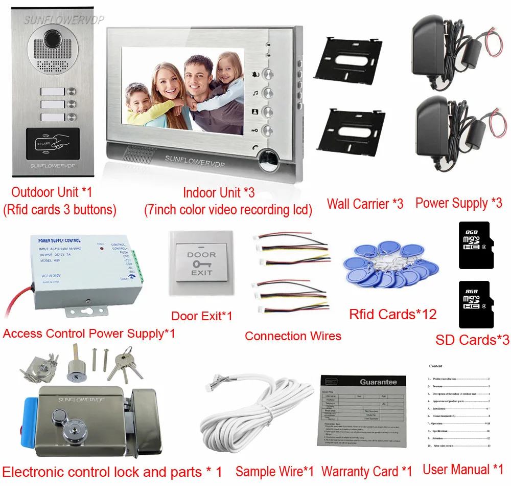 Видеодомофон HD дверной звонок Rfid с камерой 3 кнопки карта памяти 8 Гб монитор