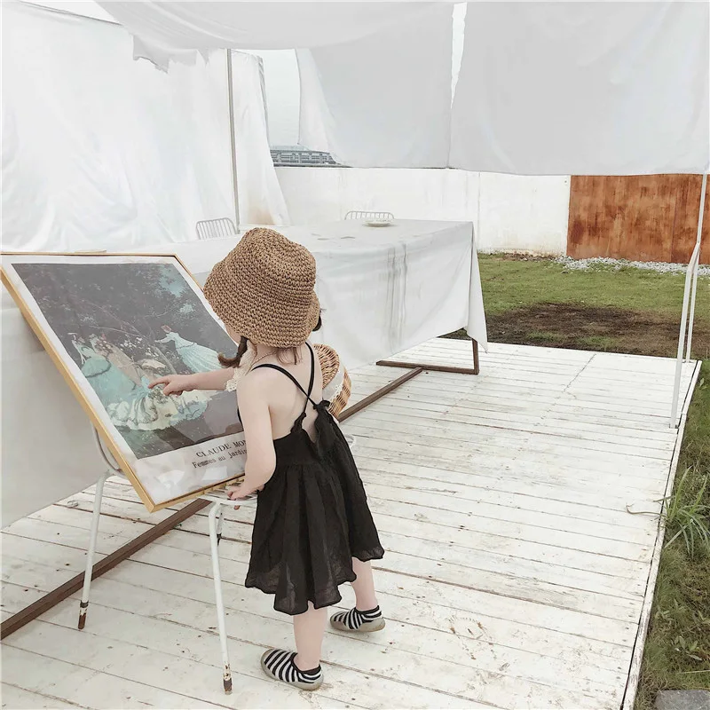 Black Sling Sleeveless Summer Girls Dress Beach Open Back Kid Dresses Fairy Princess Dressing Children's Clothing | Детская одежда