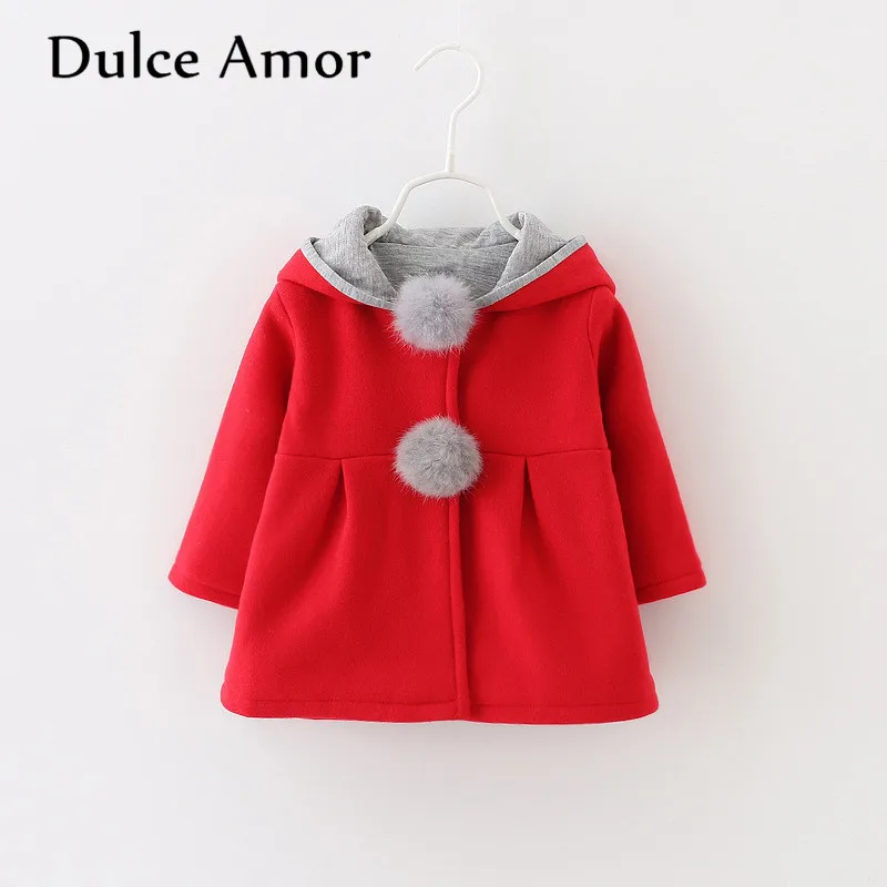 Красный Dulce Amor/куртка для маленьких девочек; одежда; сезон осень-зима; теплое пальто с капюшоном и заячьими ушками; милый меховой шарик; Верхняя одежда для маленьких девочек - Цвет: Красный