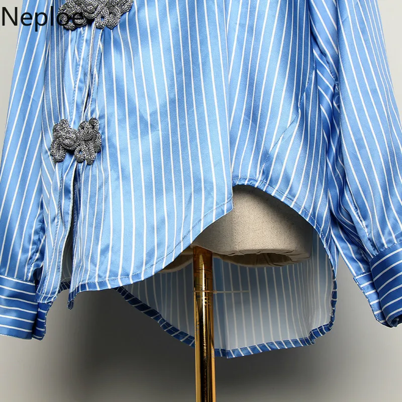 Neploe Retro Striped Women Shirts New Turn-Down Collar Long Sleeve Blouse Chinese Style Irregular Threshold Button Tops 44268 |