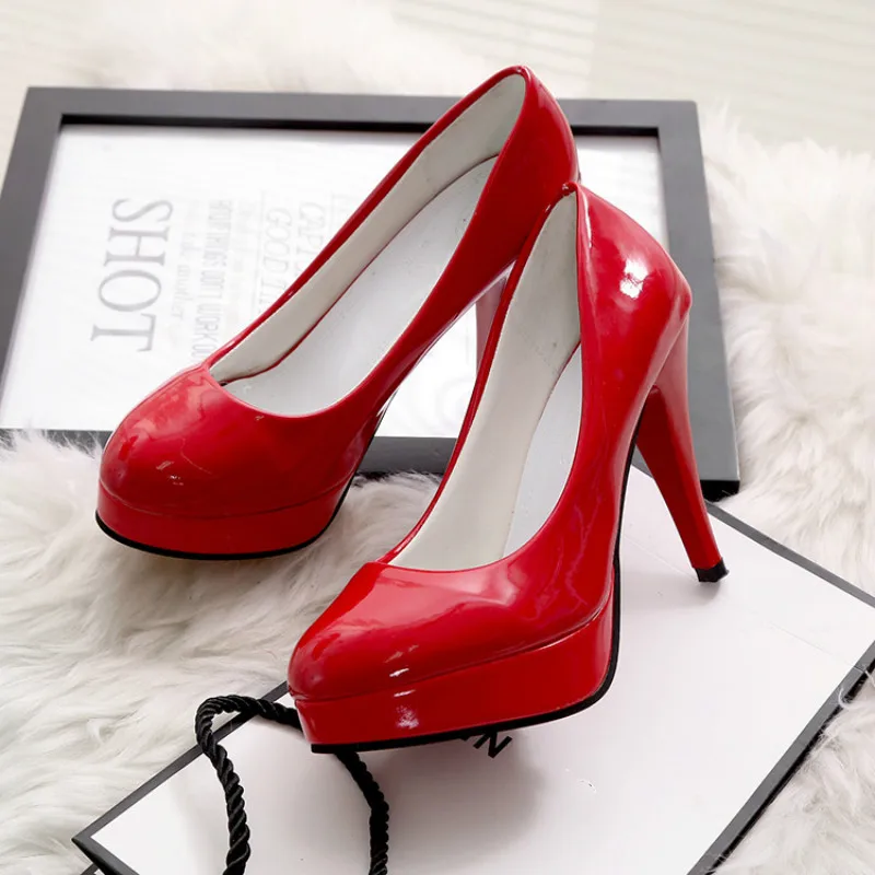 

New Women Shoes Pumps PU Leather Round Toe Slip-On 11cm Thin High Heel Shallow Platform Solid Lady Party Female Shoes Plus Size