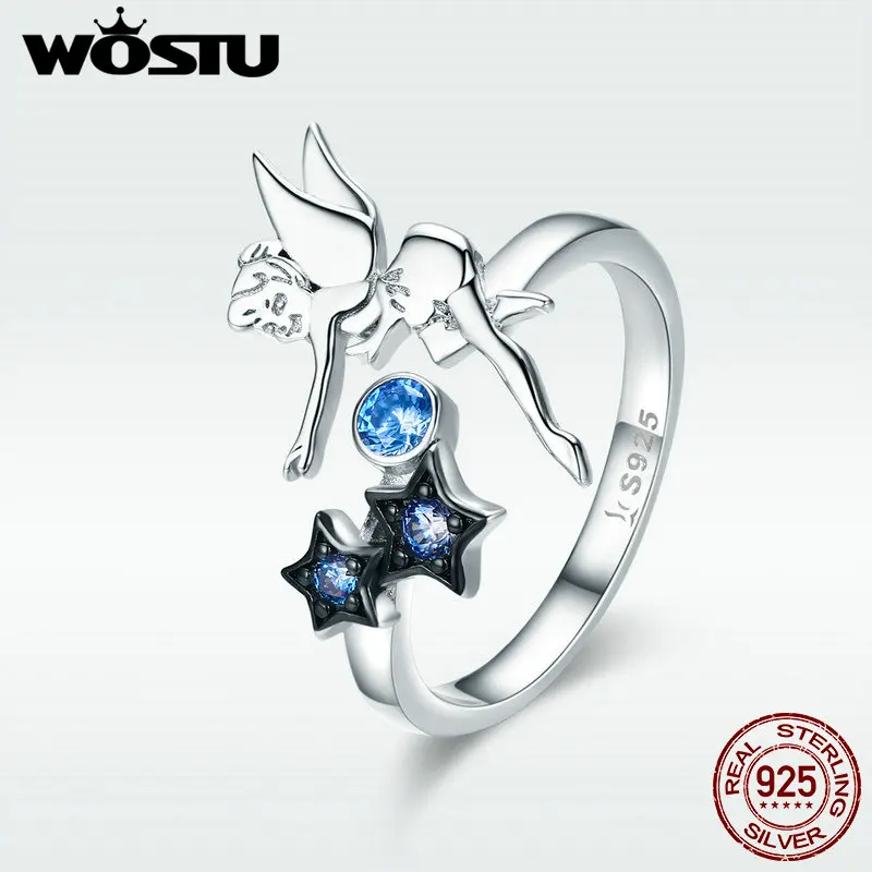 WOSTU 925 пробы Серебряная Фея и звезды кольцо Голубой цирконий регулируемые