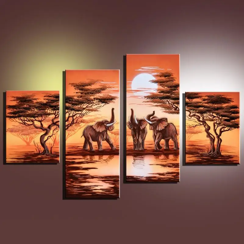 4 Panel Hand Painted Canvas Oil Painting African Safari Modern Landscape Elephant Forest Scenery Wall Pictures No Frame | Дом и сад