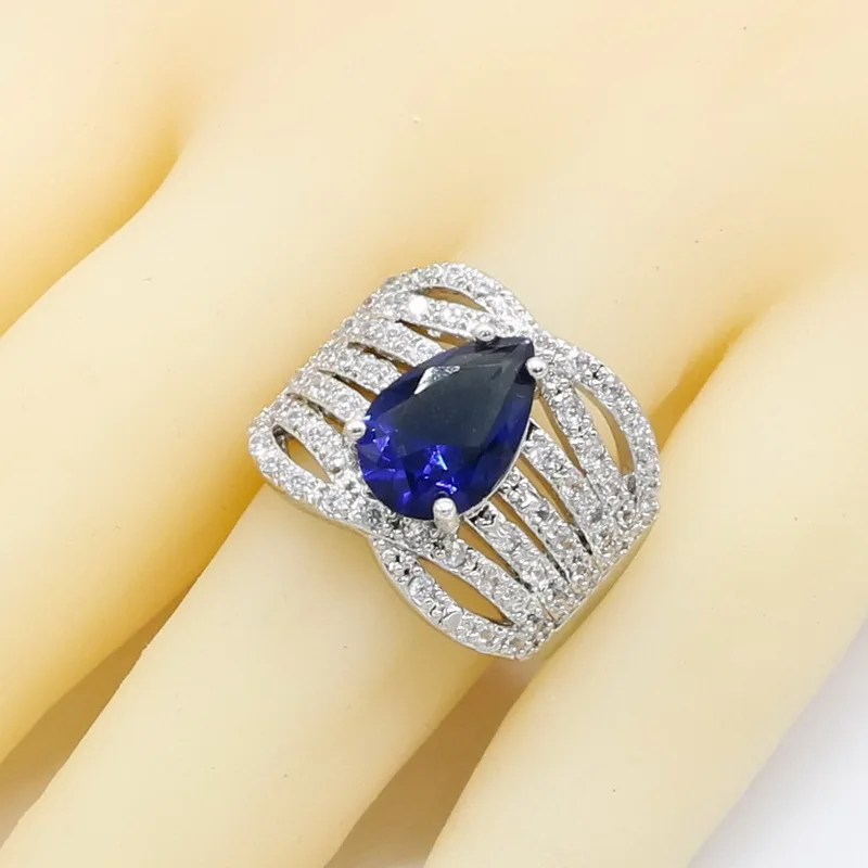 Ring Королевский синий полудрагоценный 925 Серебряный свадебный ювелирный набор для женщин браслет обруч серьги ожерелье кулон кольца Подарочная коробка - Окраска металла: Ring