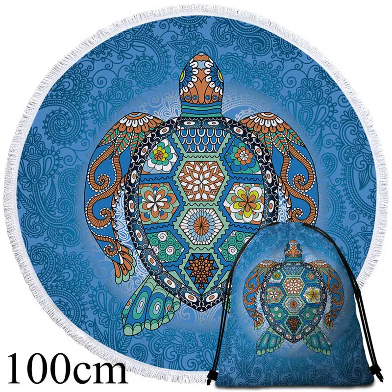 Towel 100cm-Bag Постельные принадлежности Outlet Черепашки большой круглый пляжное полотенце черепаха Пейсли микрофибра банное полотенце кисточка животное богемный цветочный Синий Гобелен - Цвет: Towel 100cm-Bag