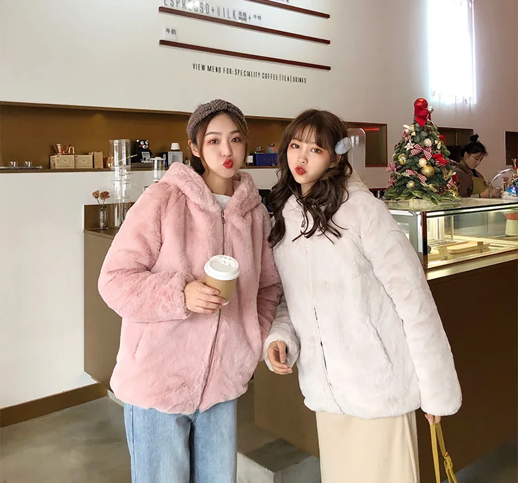 Harajuku куртка женская Kawaii толстовки плюшевое пальто из искусственного меха теплая верхняя одежда с капюшоном свободная BF ветровка уличная Корейская одежда