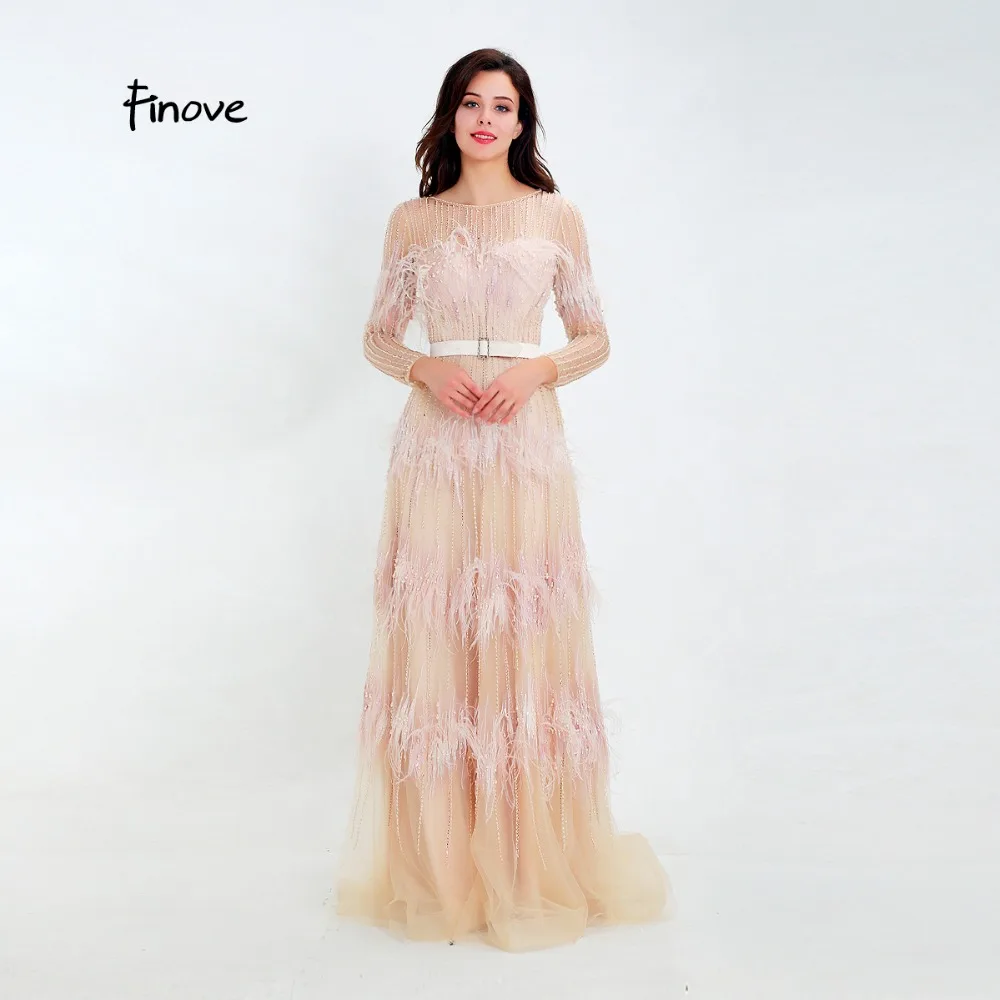 Finove Luxury Illusion Prom Dress New Design 2020 Tulle with beaded Feathers Sashes A-Line Evening Woman Party Gowns | Свадьбы и