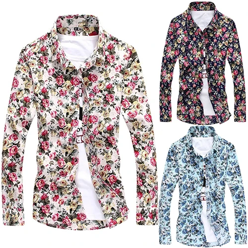 Мужская Мода Цветочный принт рубашка Повседневное Slim Fit с длинным рукавом