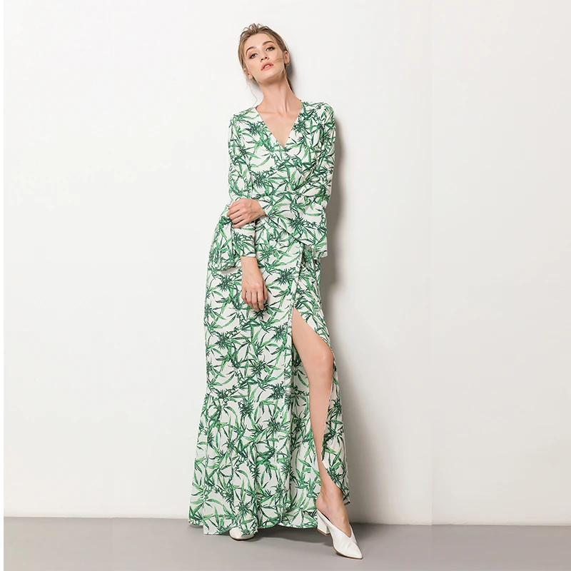 

IRINAY700 2019 Summer New Collection one piece robe type flare sleeve long maxi print cotton dress women