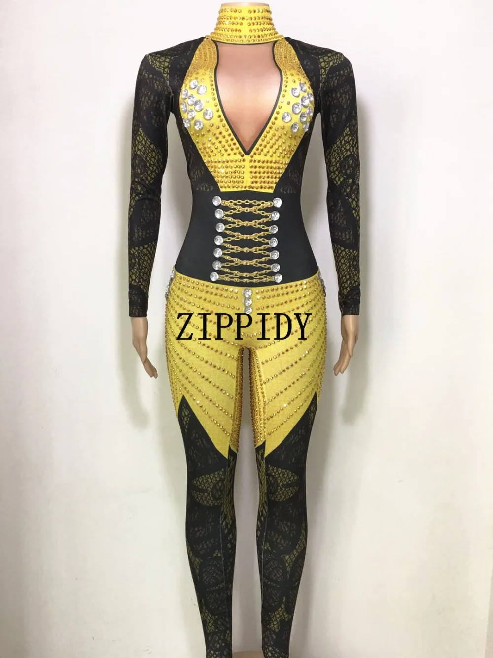 Fashion Yellow Rhinestones Jumpsuit Women Stage Bodysuit Costume Female Singer Leggings Nightclub Crystals Costume Dance Jumpsui