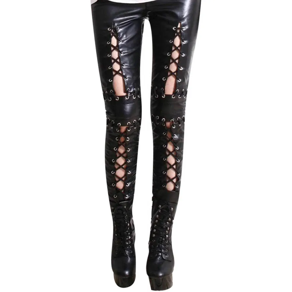 Plus Size Black Sexy Wetlook Leather Leggings Bandage Exotic Women Faux Leather Legging Skinny Lace Up Pantalon Gothic Pants