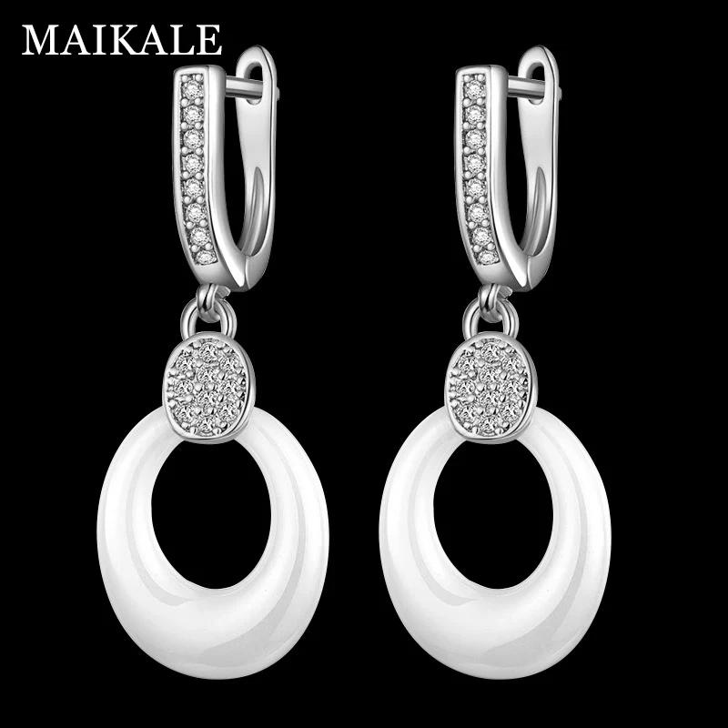 MAIKALE новые модные черные белые керамические серьги-капли с кубическим цирконием Золотые/серебряные ювелирные изделия Висячие серьги для женщин