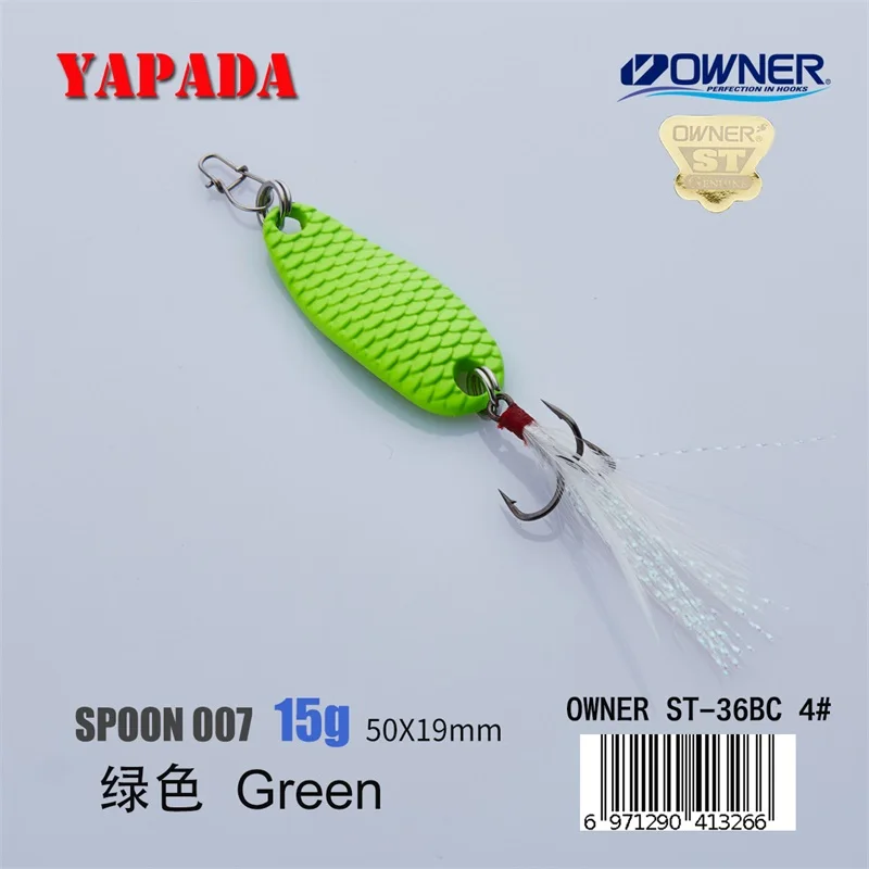 Green 15g Feather YAPADA ложка 007 Loong шкала владелец тройной крючок 10 г/15 г 43-50 мм многоцветный цинковый сплав рыболовные приманки бас металлическая ложка перо - Цвет: Green 15g Feather